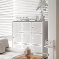 Light Green Perforated Storage Cabinet with White Blinds Plant and Black Sofa in Living Room