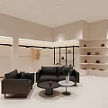 Modern Minimalist Clothing Store Interior With Beige Tones Sofa Stools Display Shelves And Wooden Accents