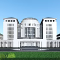 Modern School Building With Symmetrical Design Dome Large Windows And Front Lawn 3d model