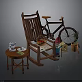 Rustic Rocking Chair Bicycle And Small Table With Tea Set Basket Gnome Potted Plant Birdhouse