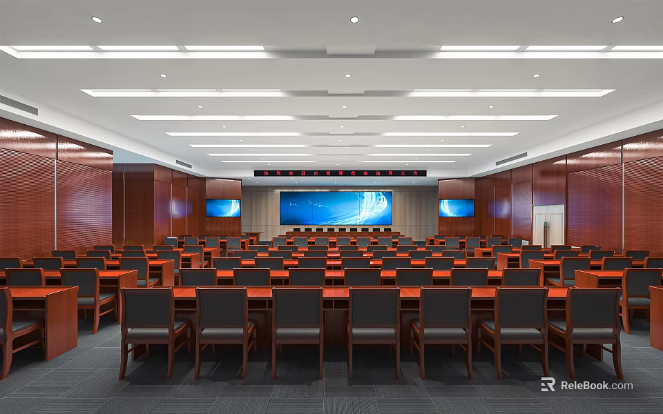 Spacious Conference Room Interior Design With Organized Seating And Large Screen 3d model