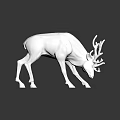 Silver Metallic Deer Sculpture With Bowing Head And Shiny Antlers On Reflective Surface
