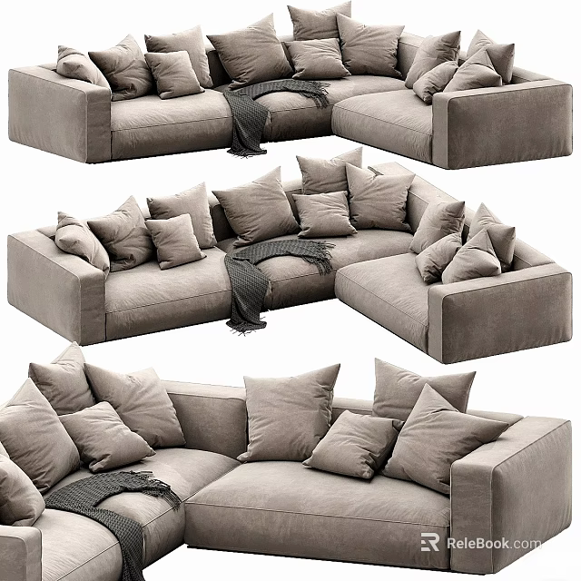 Comfortable Gray Double Sofa With Plush Pillows And Cozy Blanket 3d model
