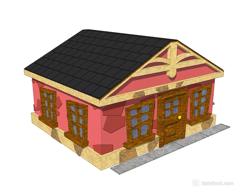 Small Pink House With Black Roof And Wooden Windows And Decorative Door Design 3d model 