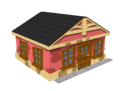 Small Pink House With Black Roof And Wooden Windows And Decorative Door Design 3d model