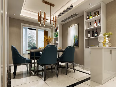 Elegant Modern Dining Room Interior With Blue Chairs Chandelier And Wine Shelves 3d model
