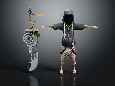 Black Hoodie With Green Cuffs Drawstrings And Khaki Pants Casual Outfit 3d model