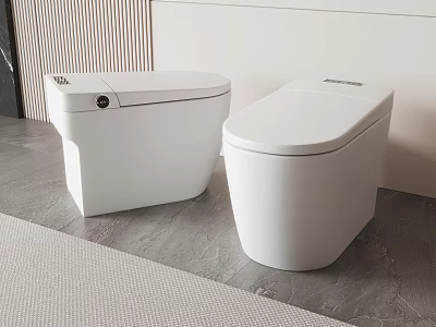Two White Smart Toilets in Modern Bathroom with Gray Floor and Light Colored Wall 3d model