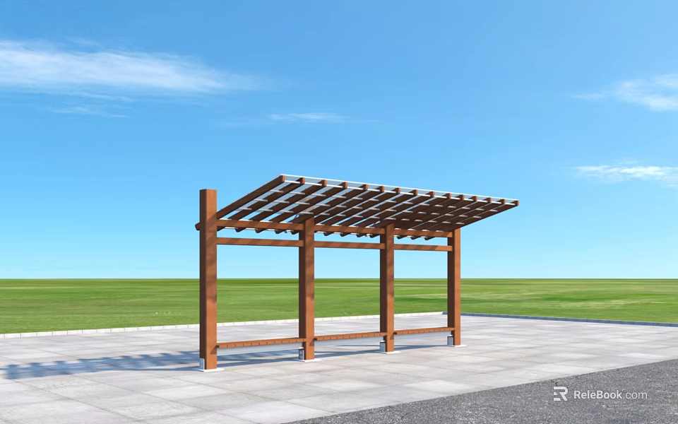 Outdoor Wooden Pergola with Lattice Roof in Green Lawn and Blue Sky 3d model 