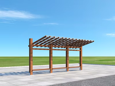Outdoor Wooden Pergola with Lattice Roof in Green Lawn and Blue Sky 3d model