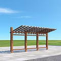 Outdoor Wooden Pergola with Lattice Roof in Green Lawn and Blue Sky