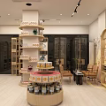 Shopping Mall Retail Store Interior With Wooden Shelves Display Counter And Packaged Products