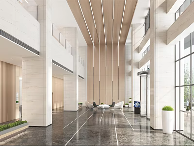 Modern Reception Lobby Interior With High Ceiling Wooden Panel Walls And Marble Flooring 3d model