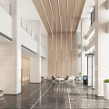 Modern Reception Lobby Interior With High Ceiling Wooden Panel Walls And Marble Flooring 3d model