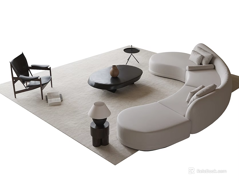 Cream Curved Sofa And Black Round Coffee Table Set With Chair Lamp On Soft Rug 3d model 