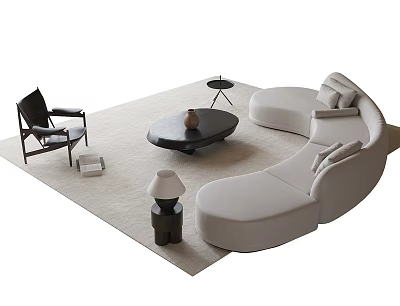 Cream Curved Sofa And Black Round Coffee Table Set With Chair Lamp On Soft Rug 3d model