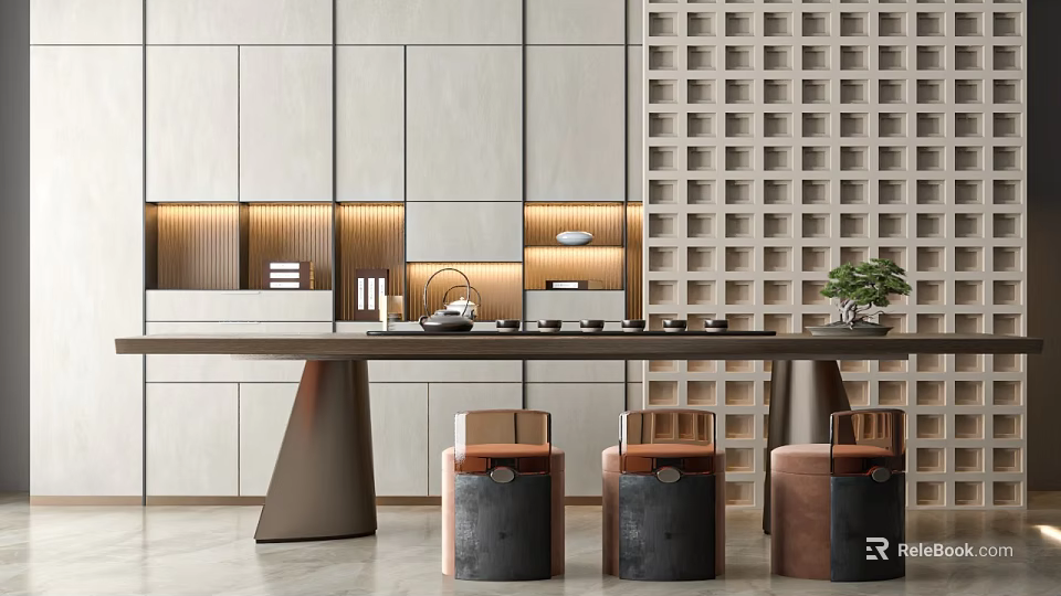 Modern Tea Table And Chairs Interior With Cabinets Lighting And Tea Sets 3d model 