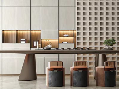 Modern Tea Table And Chairs Interior With Cabinets Lighting And Tea Sets 3d model