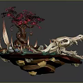 Cartoon Fantasy Scene With Pink Trees Tree Roots Stone Steps Crocodile Skull And Colorful Ground