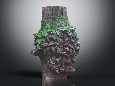 Green Moss Plants Growing On Textured Tree Stump With Natural Foliage 3d model