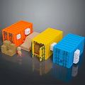 Orange Yellow Blue Shipping Containers With Cardboard Boxes And Miniature Figure