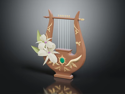 Decorative Brown Lyre With Golden Decorations Emerald Gemstone And White Orchid Leaves 3d model