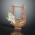 Decorative Brown Lyre With Golden Decorations Emerald Gemstone And White Orchid Leaves