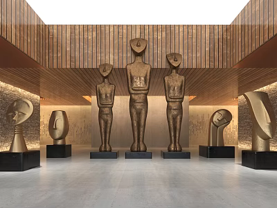 Art Exhibition Hall With Three Golden Humanoid Sculptures And Abstract Art Displays 3d model