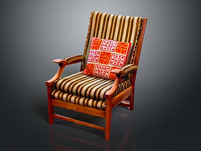 Comfortable Striped Fabric Lounge Chair Featuring Wooden Armrests And Patterned Cushion 3d model