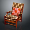 Comfortable Striped Fabric Lounge Chair Featuring Wooden Armrests And Patterned Cushion