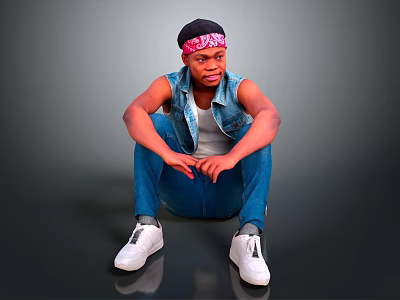 Man Squatting Wearing Bandana Denim Vest White T-shirt Blue Jeans White Sneakers On Gray Background 3d model