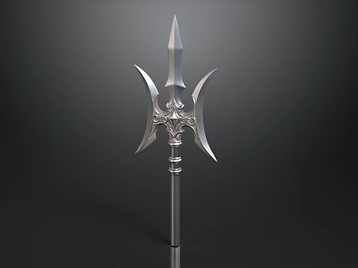Silver Decorative 3D Model Trident With Intricate Design On Black Background 3d model