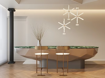 Elegant Modern Bar Counter With Marble Top Pendant Lights And Golden Stools 3d model