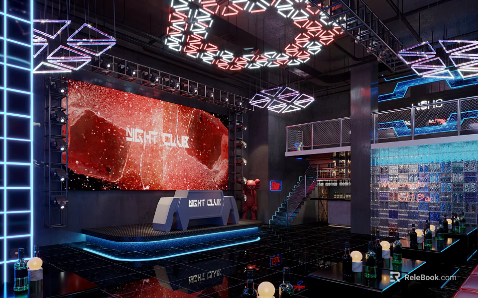 Modern Bar Interior with Large LED Screen Stage and Neon Lighting Decor 3d model