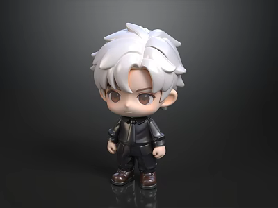 Cute Cartoon Character 3D Model Decorative Ornament Set With White Short Hair And Black Outfit 3d model