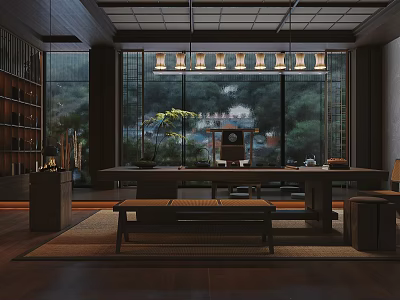Japanese Tea Room With Wooden Long Table Bench Large Windows Mountain View And Green Plants 3d model