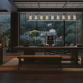 Japanese Tea Room With Wooden Long Table Bench Large Windows Mountain View And Green Plants