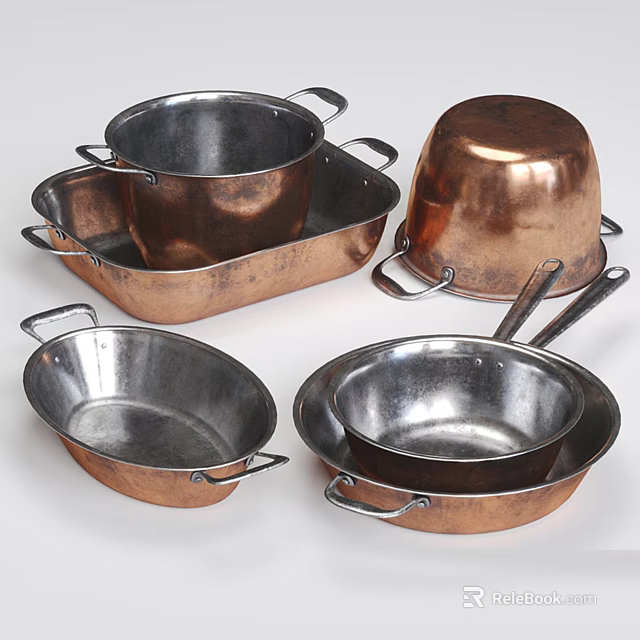 Vintage Copper And Stainless Steel Cookware Set With Pots Pans And Trays 3d model 