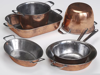 Vintage Copper And Stainless Steel Cookware Set With Pots Pans And Trays 3d model
