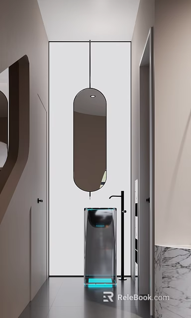 Modern Bathroom Interior With Oval Mirror Wall Mounted Vanity And Black Faucet 3d model 