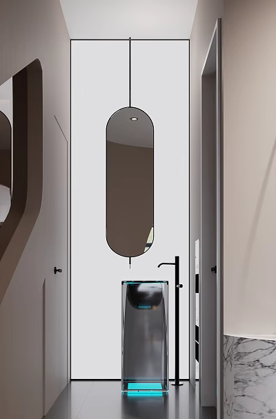 Modern Bathroom Interior With Oval Mirror Wall Mounted Vanity And Black Faucet 3d model