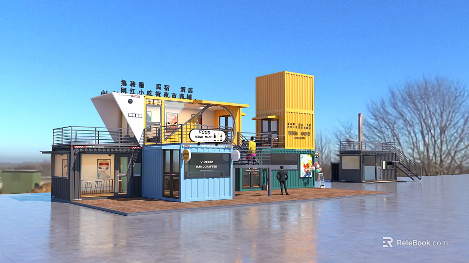 Modern Colorful Multi Container Commercial Building With Outdoor Platform And Open Space 3d model 