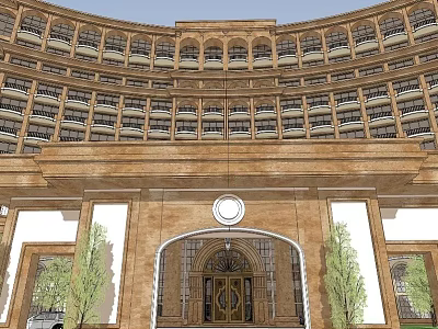 Classical Hotel Building With Curved Exterior Arched Entrance Golden Doors And Green Trees 3d model