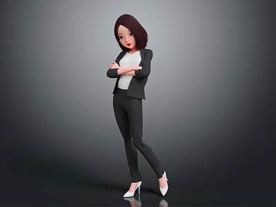 3D Model Woman Brown Hair Black Suit Standing Arms Crossed White Top Gray Background 3d model