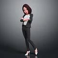 3D Model Woman Brown Hair Black Suit Standing Arms Crossed White Top Gray Background