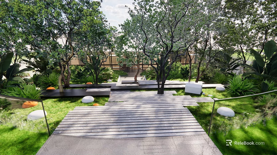 Garden Landscape Design With Lush Trees Green Lawn Wooden Walkway And Circular Stone Features 3d model 