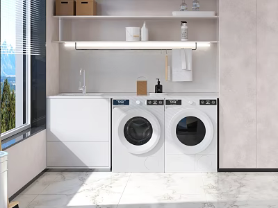Modern Bathroom Cabinet Rack With Sink Washing Machine Dryer Shelf And Marble Floor 3d model