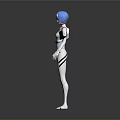Anime Character With Blue Hair White Bodysuit And Black Green Accents Standing Gray Background