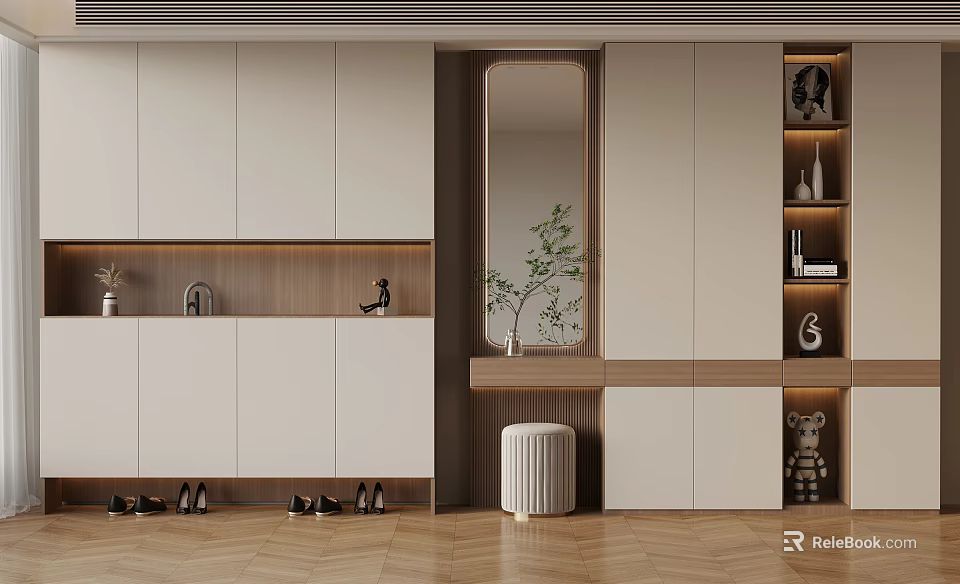 Modern Entryway Design With White Cabinets Wooden Elements Mirror And Decorations 3d model 