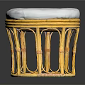 Round Stool With Yellow Rattan Frame And White Padded Seat